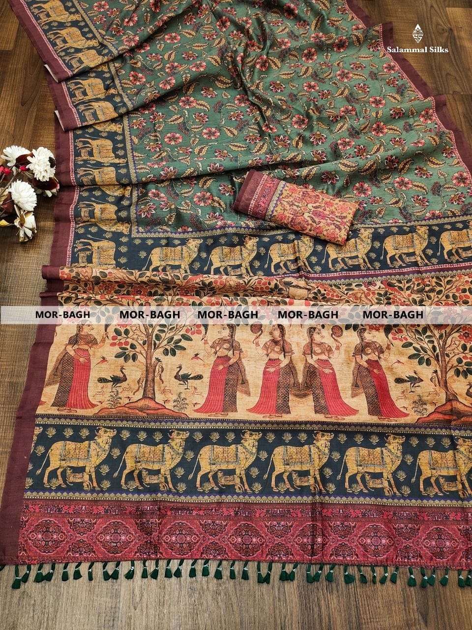 Moss Green Kalamkari Fancy Saree With Blouse