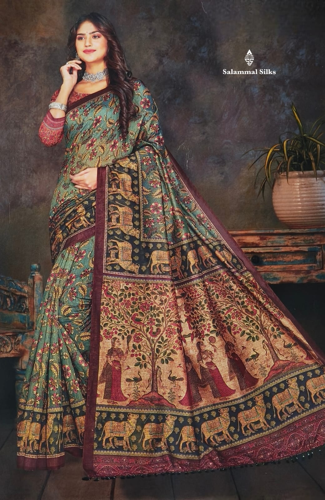 Moss Green Kalamkari Fancy Saree With Blouse