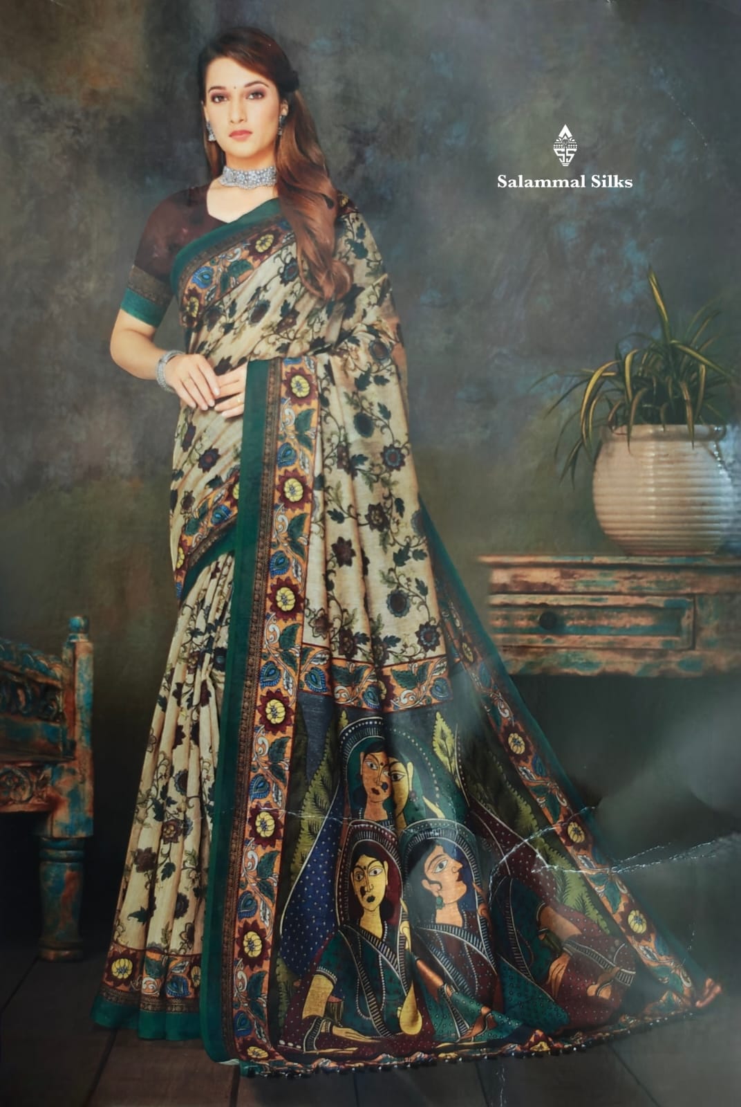 Light Sandal Kalamkari Fancy Saree With Blouse
