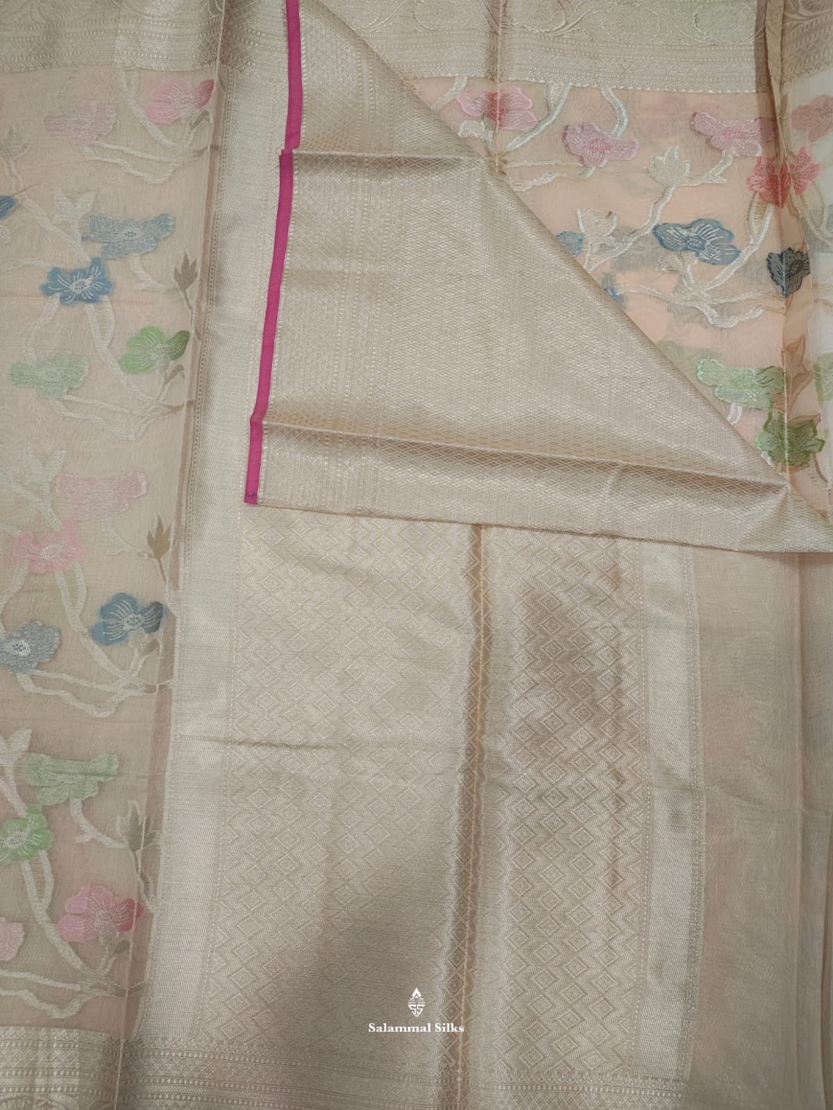 Light Peach Fancy Saree With Silvar Zari Border