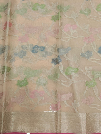 Light Peach Fancy Saree With Silvar Zari Border