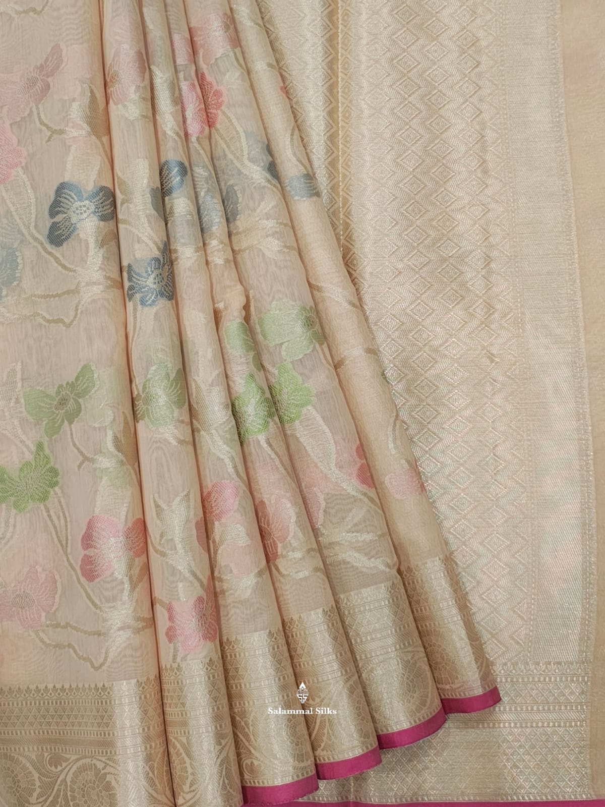 Light Peach Fancy Saree With Silvar Zari Border