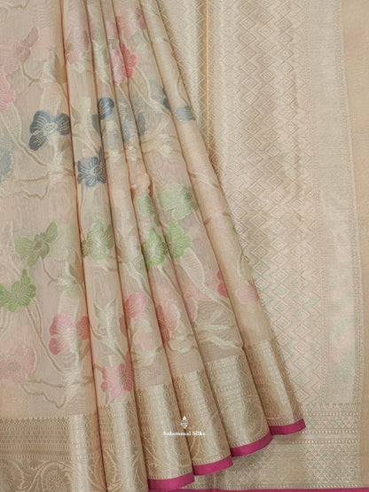Light Peach Fancy Saree With Silvar Zari Border