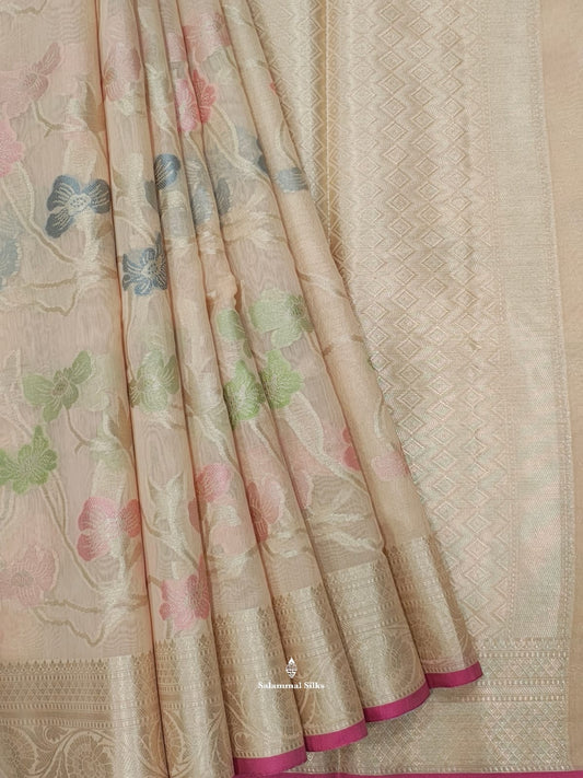 Light Peach Fancy Saree With Silvar Zari Border