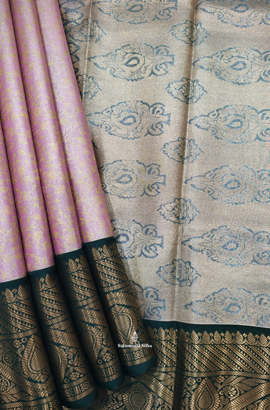Lavender Tissue Bridal Semi Silk Saree With Bottle Green Border