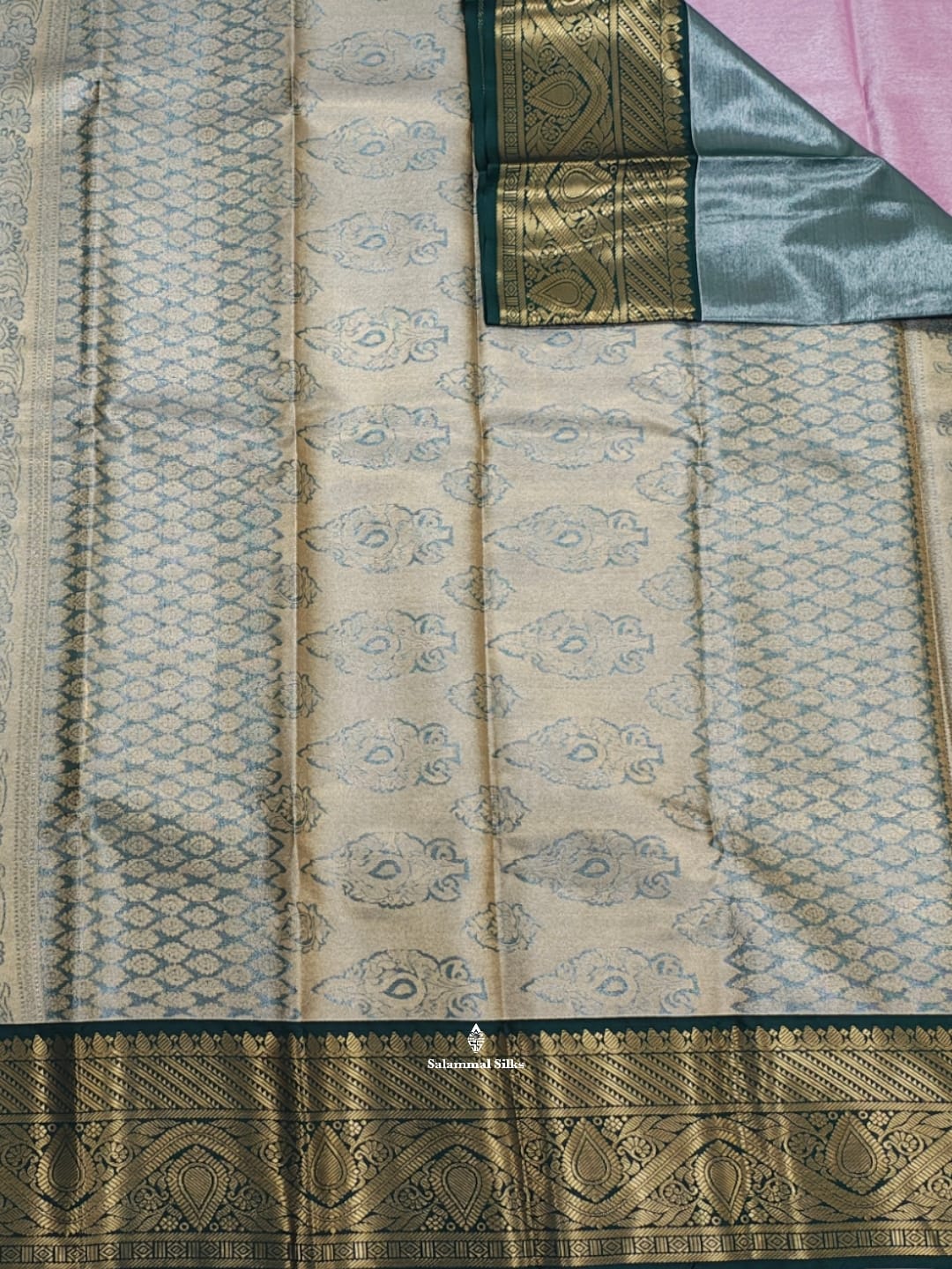 Lavender Tissue Bridal Semi Silk Saree With Bottle Green Border