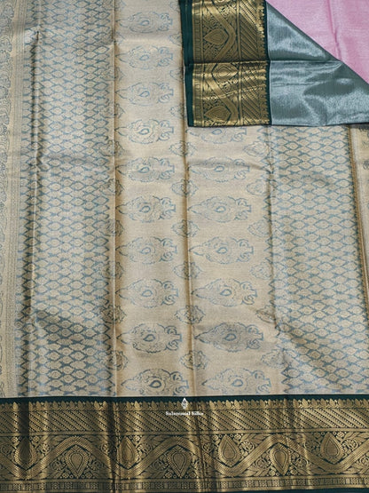 Lavender Tissue Bridal Semi Silk Saree With Bottle Green Border