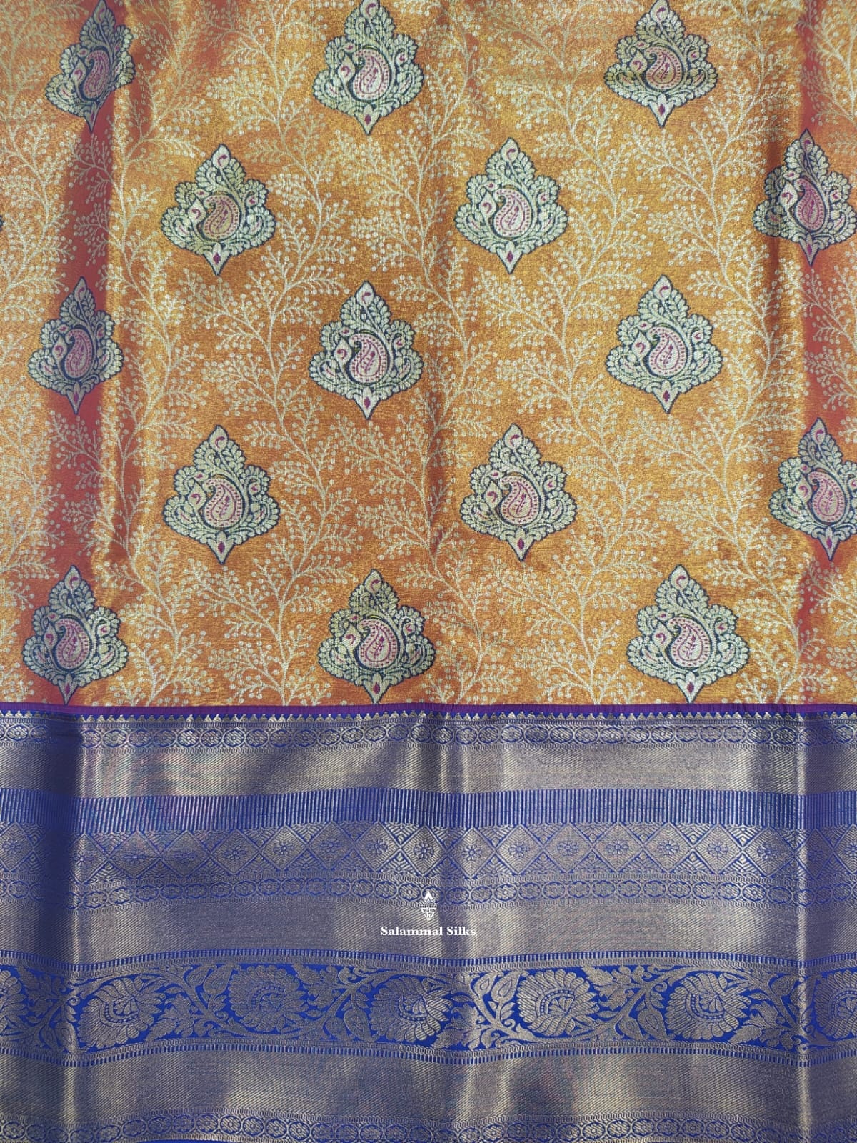 Reddish Orange Bridal Tissue Semi  Silk Saree With Violet Border
