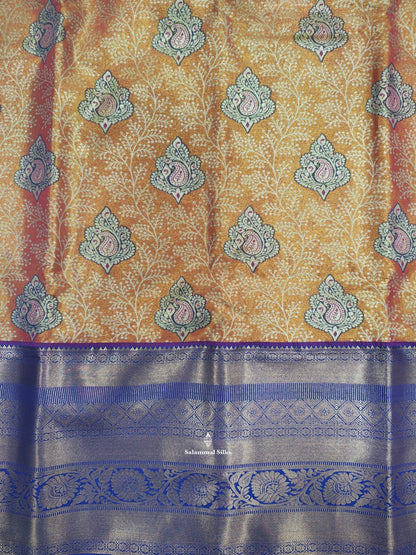 Reddish Orange Bridal Tissue Semi  Silk Saree With Violet Border