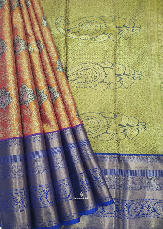 Reddish Orange Bridal Tissue Semi  Silk Saree With Violet Border