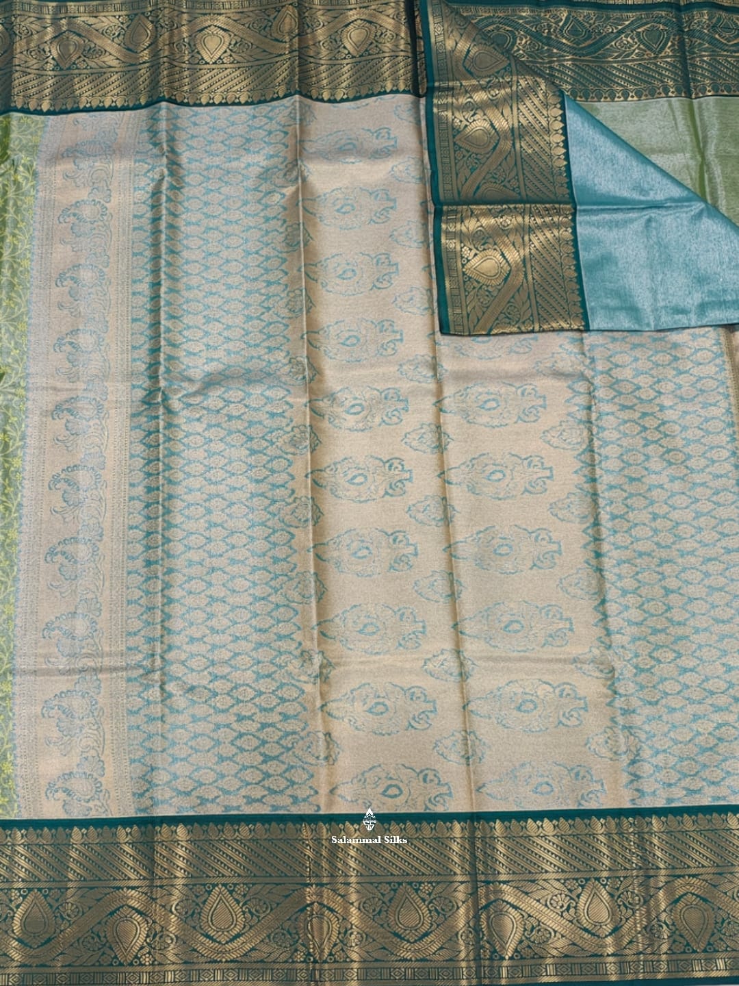 Olive Green Tissue Bridal Semi Silk Saree With Green Border