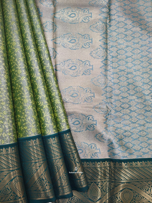 Olive Green Tissue Bridal Semi Silk Saree With Green Border
