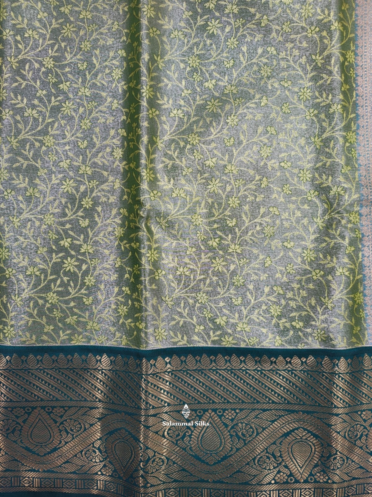 Olive Green Tissue Bridal Semi Silk Saree With Green Border