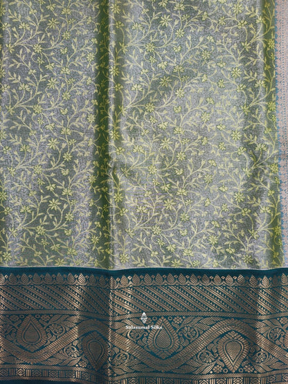 Olive Green Tissue Bridal Semi Silk Saree With Green Border