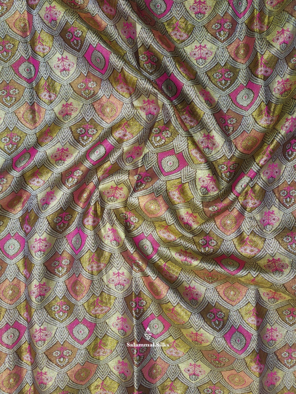Golden Yellow Tissue Bridal Semi Silk Saree With Pink Border