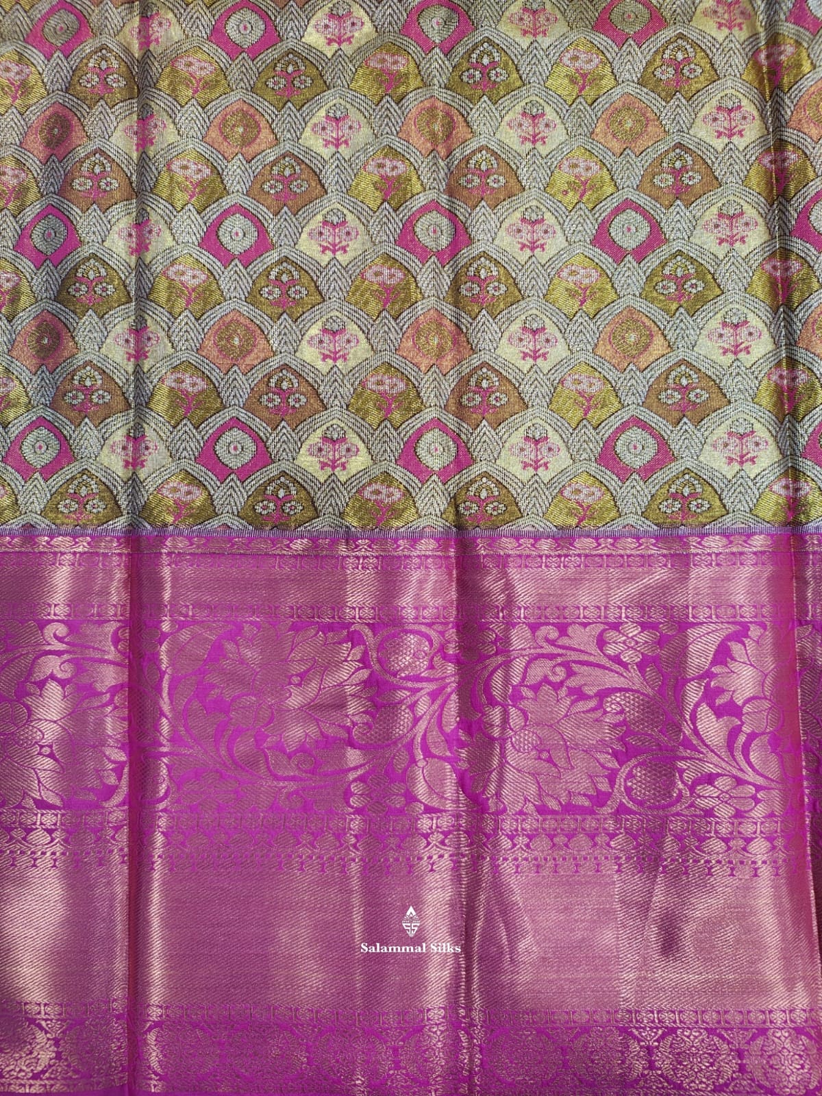 Golden Yellow Tissue Bridal Semi Silk Saree With Pink Border