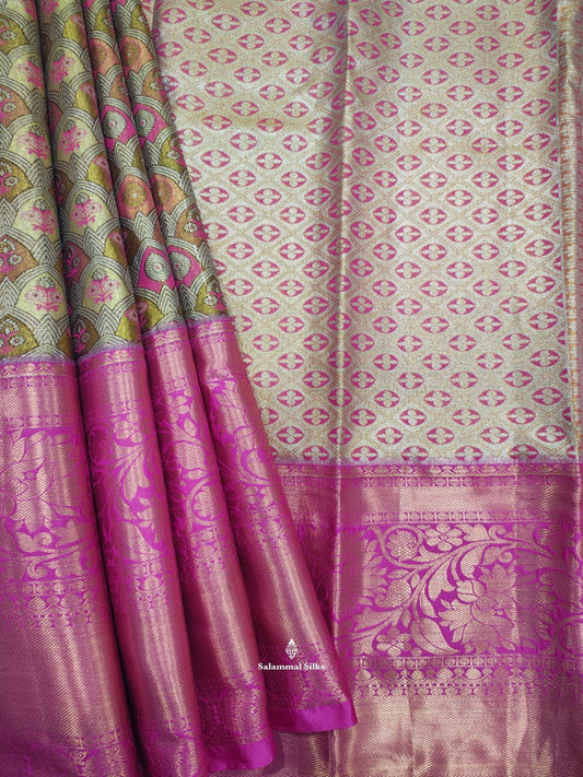 Golden Yellow Tissue Bridal Semi Silk Saree With Pink Border