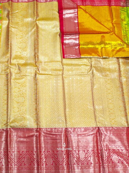 Parrot Green Tissue Bridal Semi Silk Saree With Red Silver Zari Border