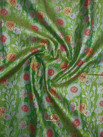 Parrot Green Tissue Bridal Semi Silk Saree With Red Silver Zari Border