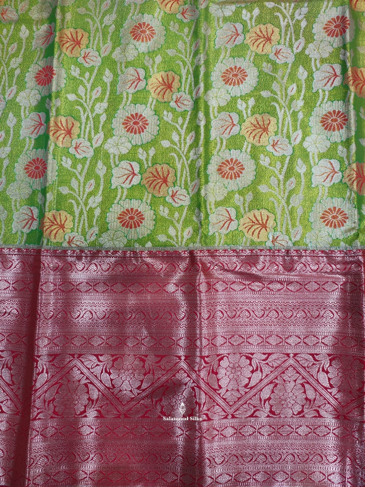 Parrot Green Tissue Bridal Semi Silk Saree With Red Silver Zari Border