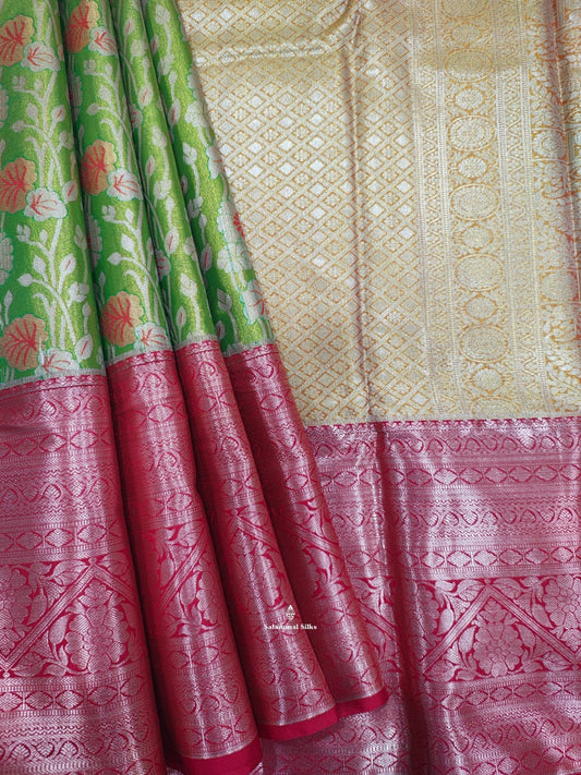 Parrot Green Tissue Bridal Semi Silk Saree With Red Silver Zari Border