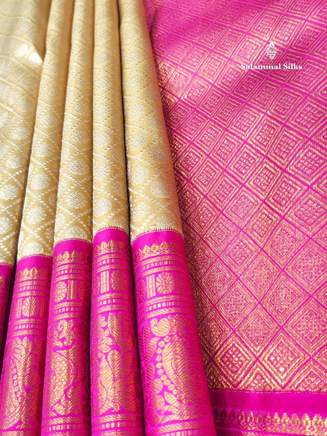 Kanjivaram Sandal 2G Zari Pure Silk Saree With Magenta Rose