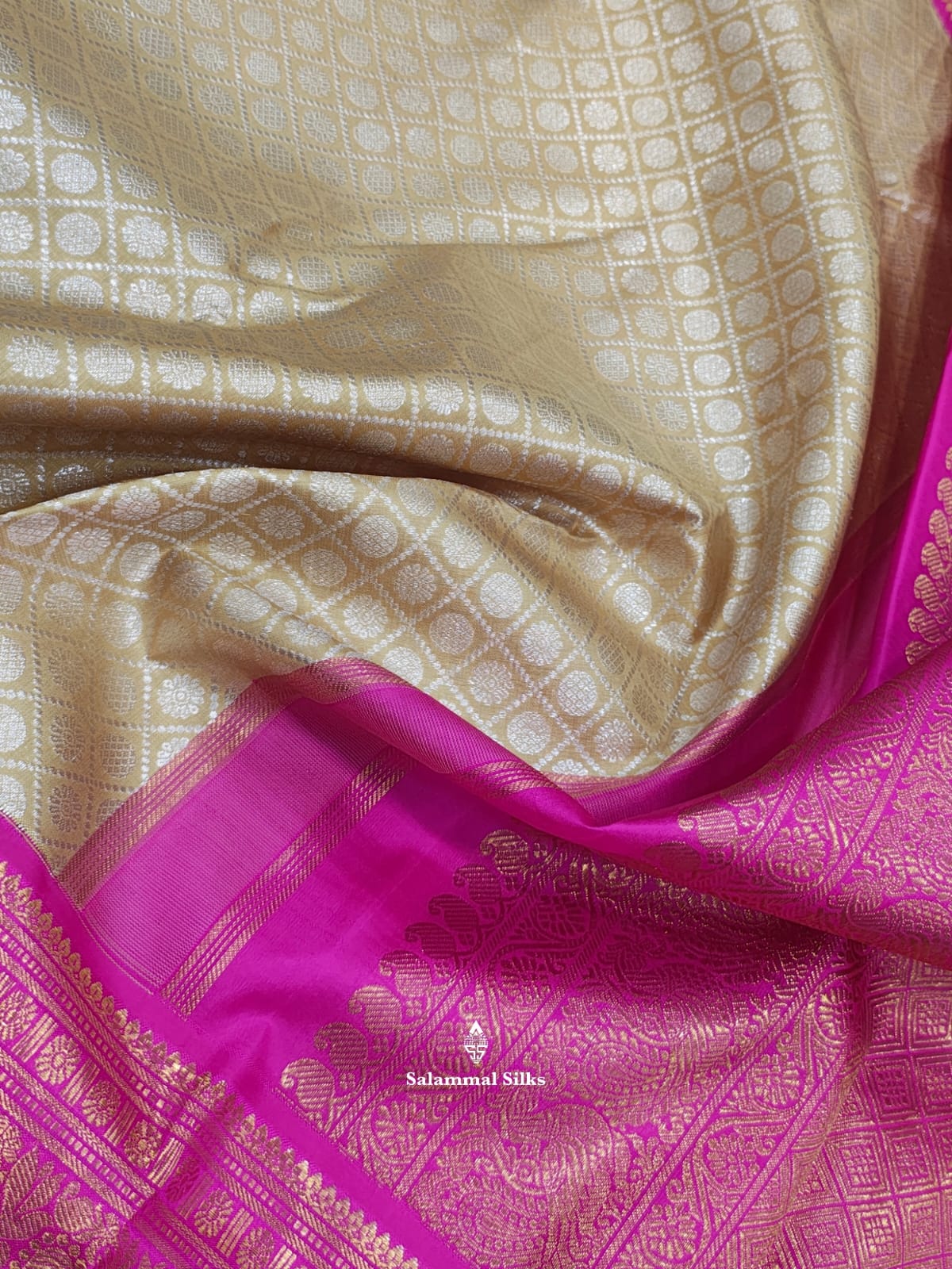 Kanjivaram Sandal 2G Zari Pure Silk Saree With Magenta Rose