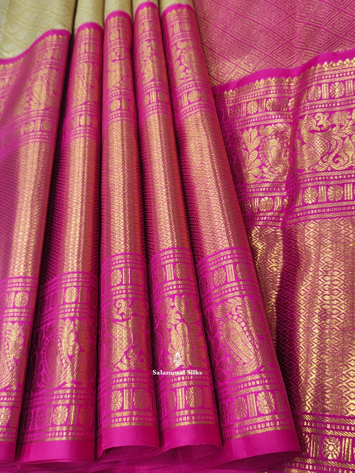 Kanjivaram Sandal 2G Zari Pure Silk Saree With Magenta Rose
