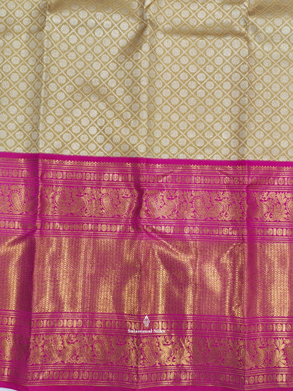Kanjivaram Sandal 2G Zari Pure Silk Saree With Magenta Rose