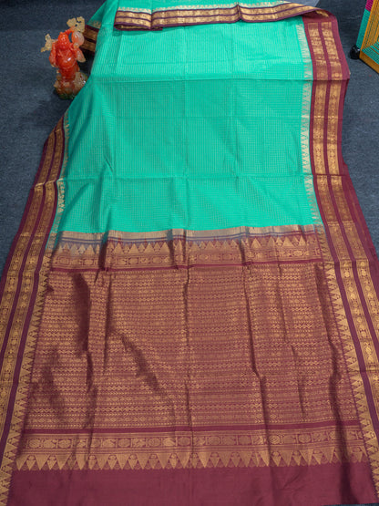 Sapphire Green Zari Small Checks Pure Silk Cotton Saree With Contrast Dark Brown Traditional Border