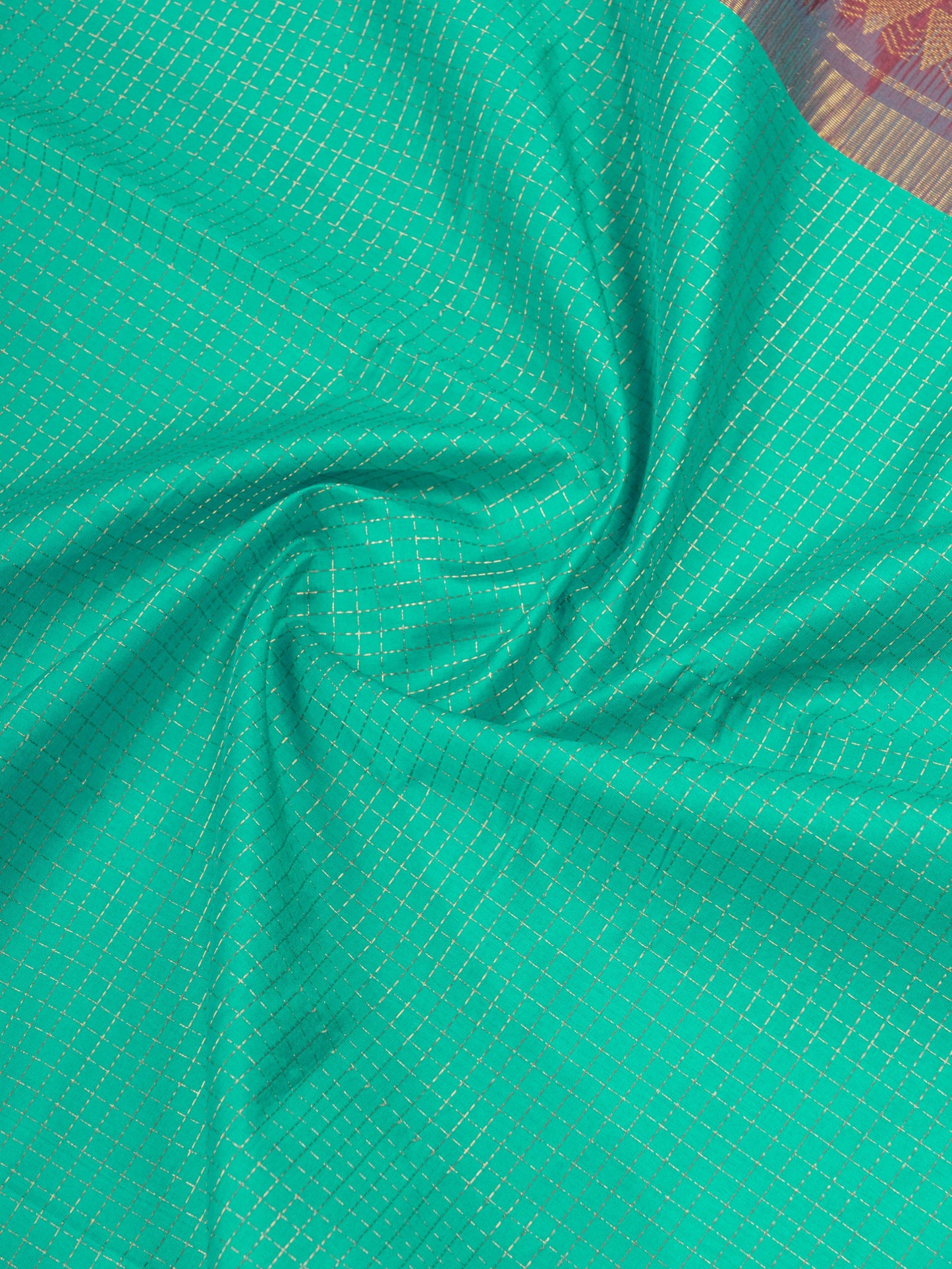 Sapphire Green Zari Small Checks Pure Silk Cotton Saree With Contrast Dark Brown Traditional Border