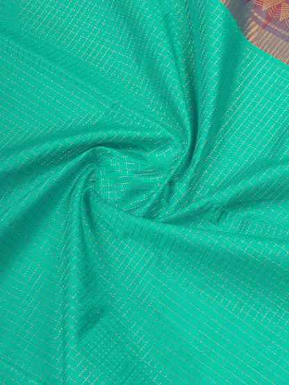 Sapphire Green Zari Small Checks Pure Silk Cotton Saree With Contrast Dark Brown Traditional Border