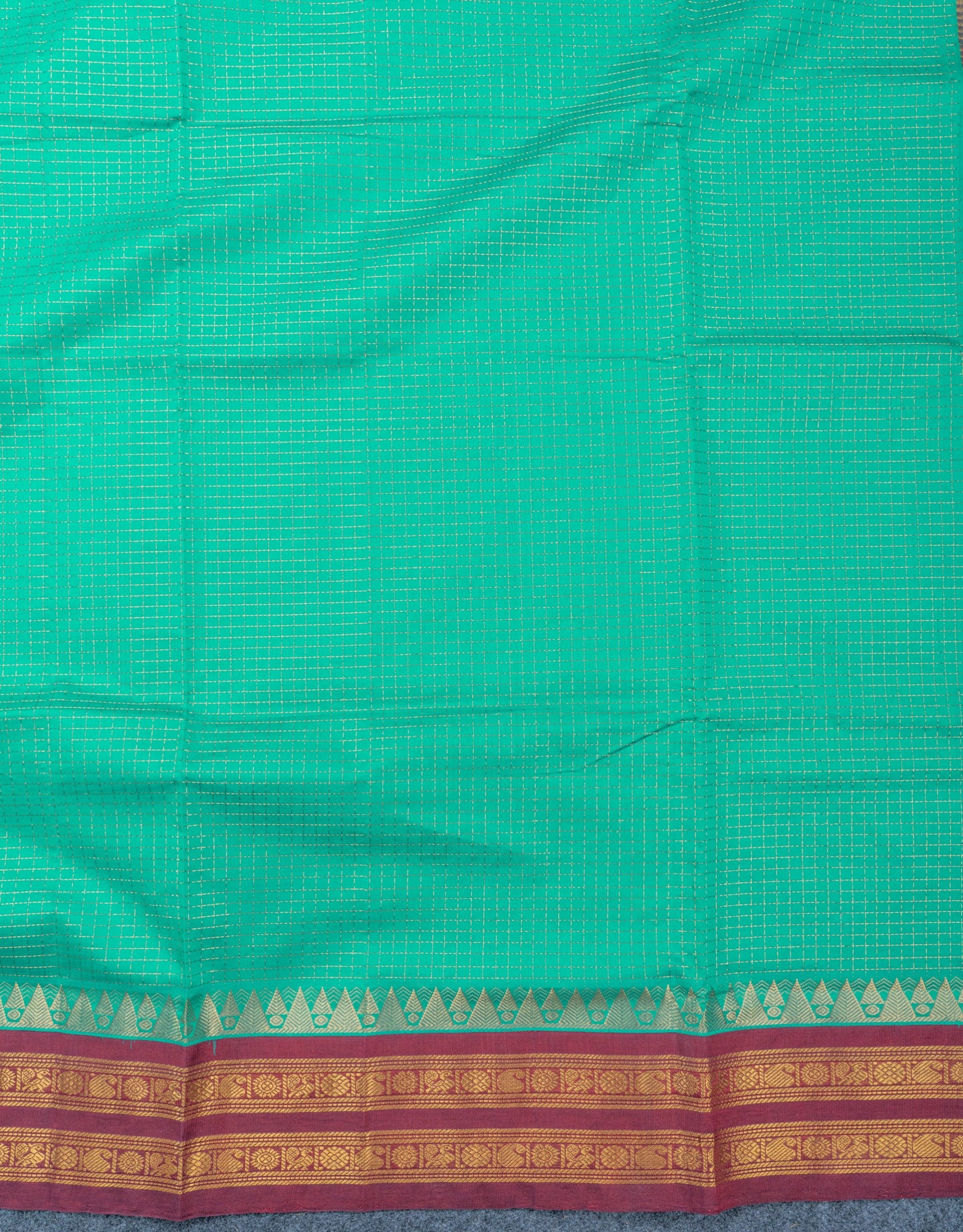 Sapphire Green Zari Small Checks Pure Silk Cotton Saree With Contrast Dark Brown Traditional Border