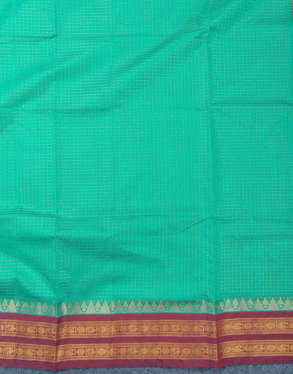 Sapphire Green Zari Small Checks Pure Silk Cotton Saree With Contrast Dark Brown Traditional Border