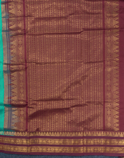 Sapphire Green Zari Small Checks Pure Silk Cotton Saree With Contrast Dark Brown Traditional Border