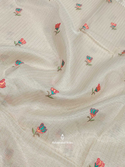 Half White Fancy Saree Threaad Work Buttas With Silver Zari Border