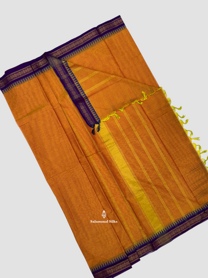 Mustard Yellow Traditional  Beautiful Pure Cotton With Violet Temple Border