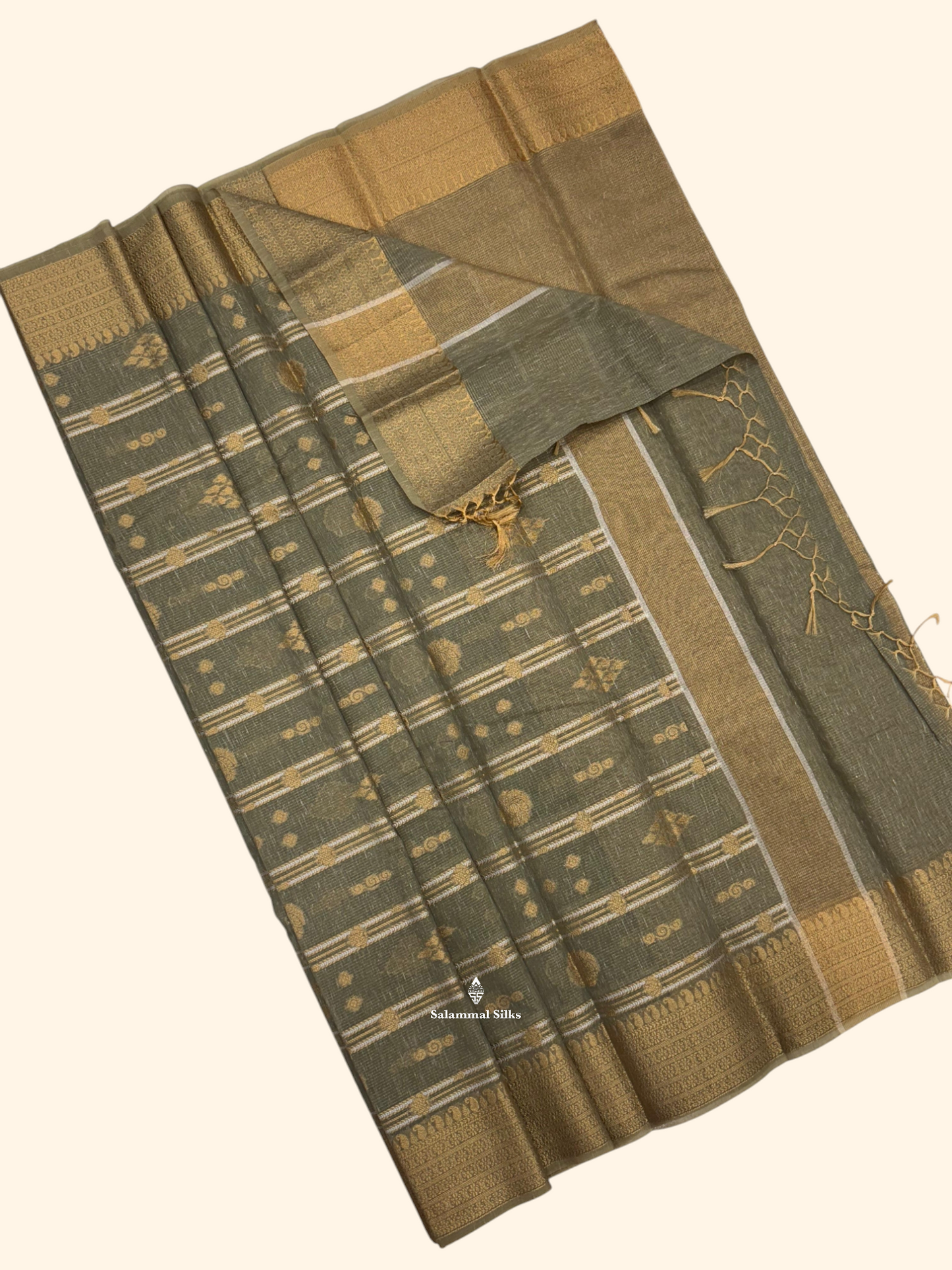 Grey Beautiful Fancy Saree Gold Silver Zari Lines With Gold Zari Border