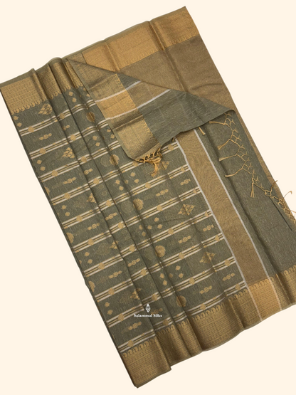 Grey Beautiful Fancy Saree Gold Silver Zari Lines With Gold Zari Border