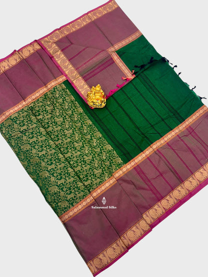 Kanjivaram Maroon Vanasingaram Beautiful Traditional Pure Cotton Saree With Pink Border