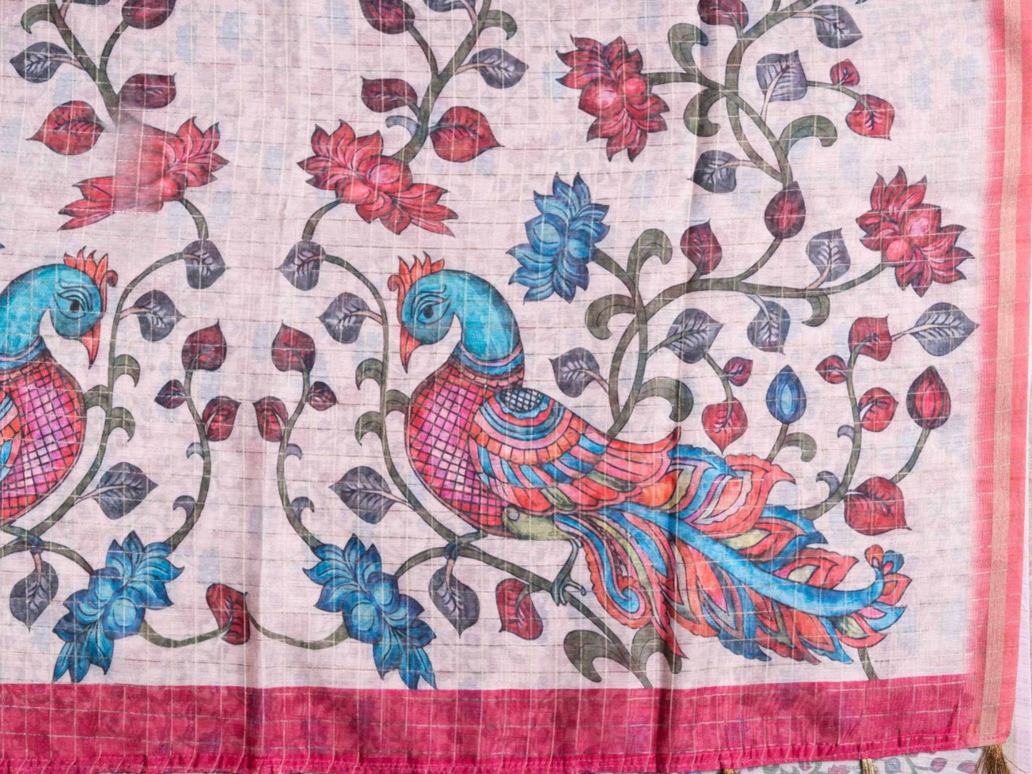 Fancy Cotton Mix Saree MultiColour Body Checks With Floral Kalamkari Blouse
