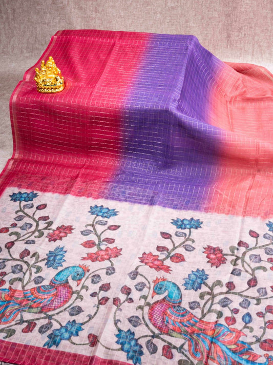 Fancy Cotton Mix Saree MultiColour Body Checks With Floral Kalamkari Blouse