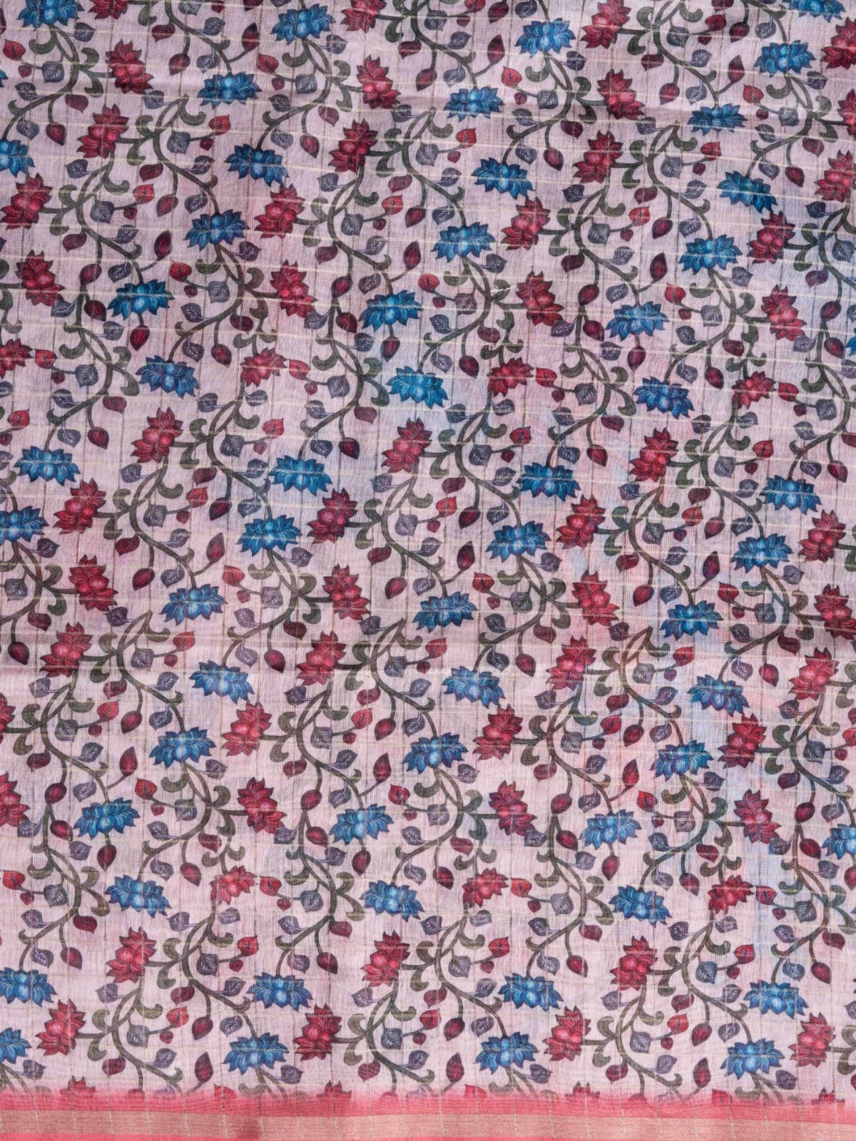 Fancy Cotton Mix Saree MultiColour Body Checks With Floral Kalamkari Blouse