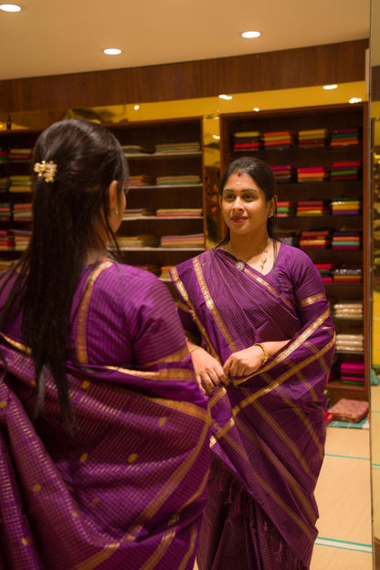 Light Weight Semi Silk Saree - Purple Checks With Butta With Traditional Rettapet Border