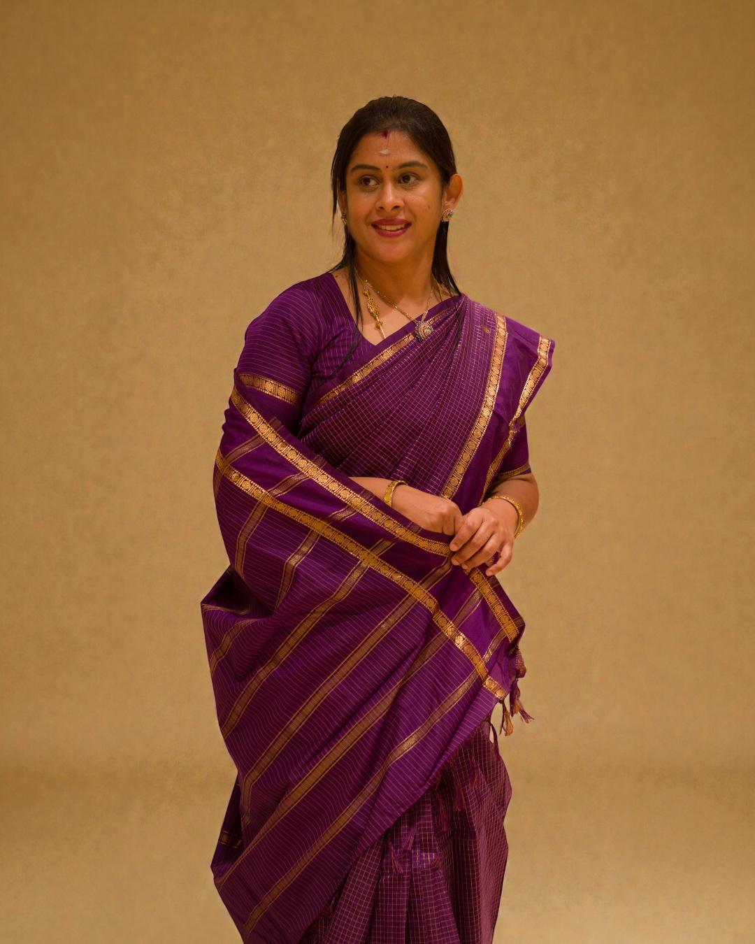 Light Weight Semi Silk Saree - Purple Checks With Butta With Traditional Rettapet Border