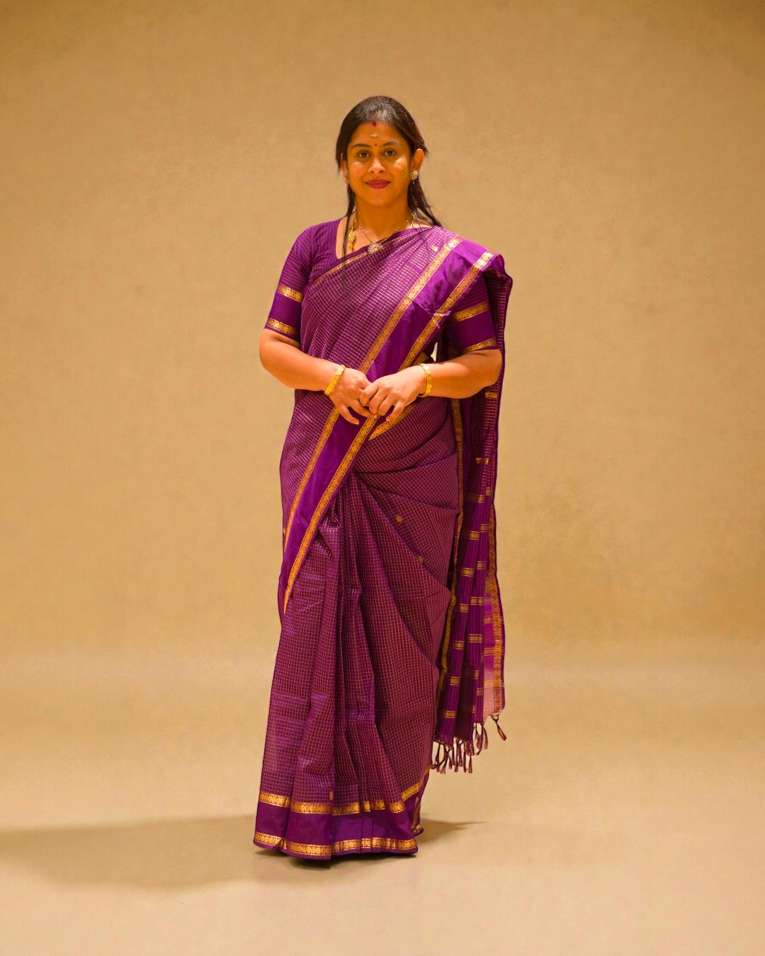 Light Weight Semi Silk Saree - Purple Checks With Butta With Traditional Rettapet Border