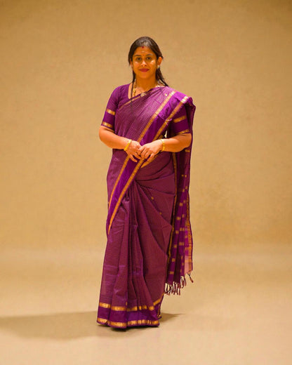 Light Weight Semi Silk Saree - Purple Checks With Butta With Traditional Rettapet Border