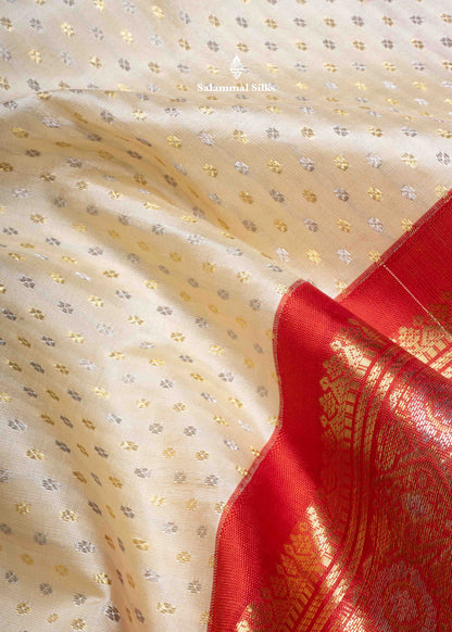 Kanjivaram Half White Pure Silk Saree With Red Blouse