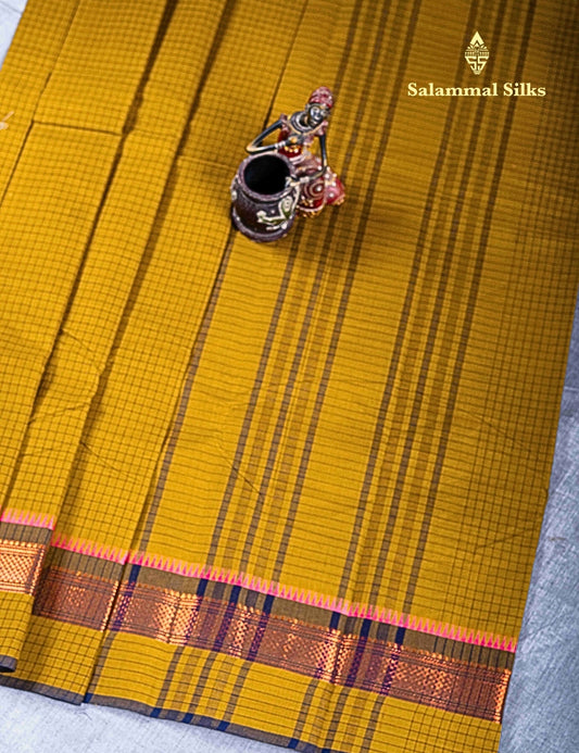 Kanjivaram  Pure Cotton Saree Olive Mustard Yellow Checks Without Blouse