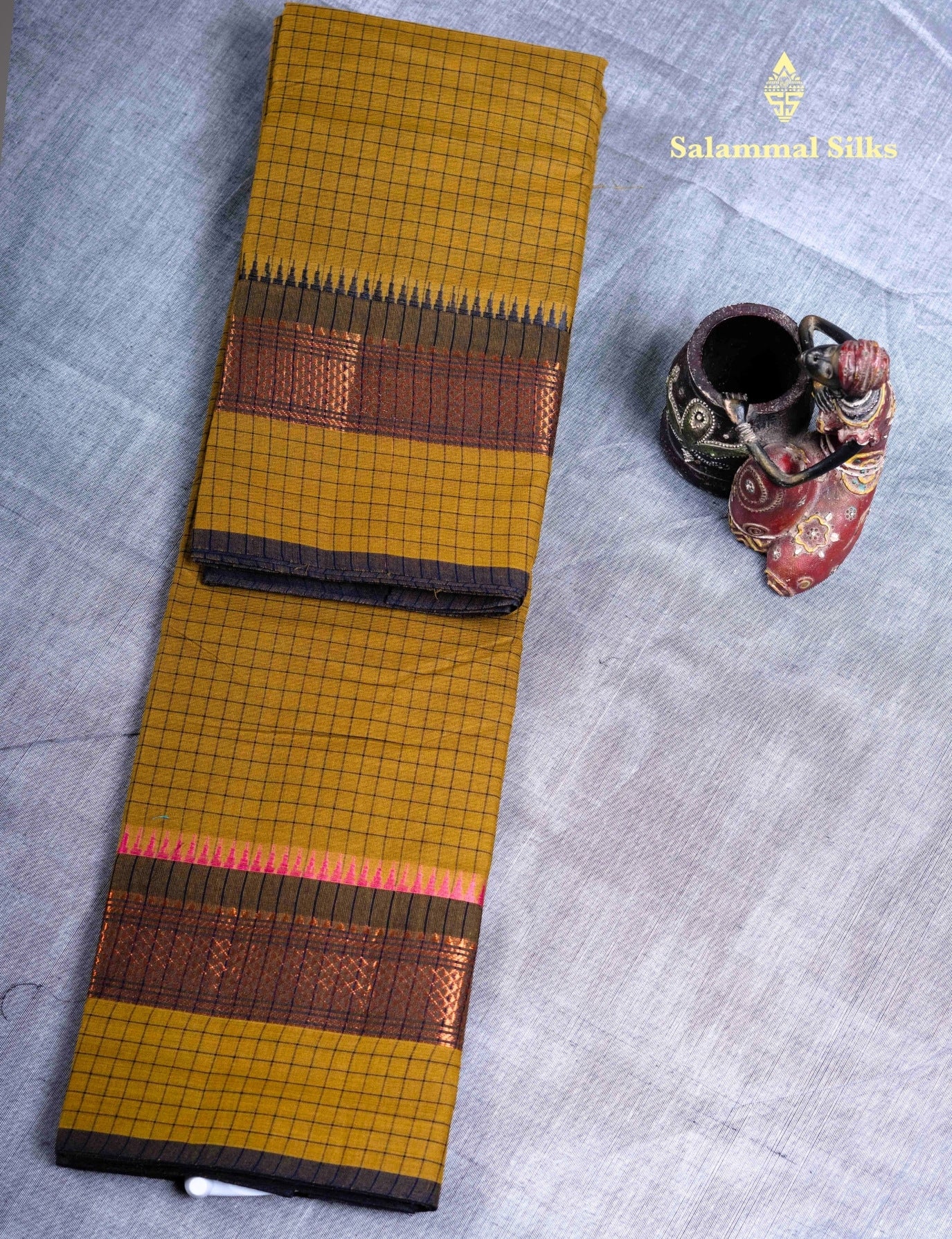 Kanjivaram  Pure Cotton Saree Olive Mustard Yellow Checks Without Blouse